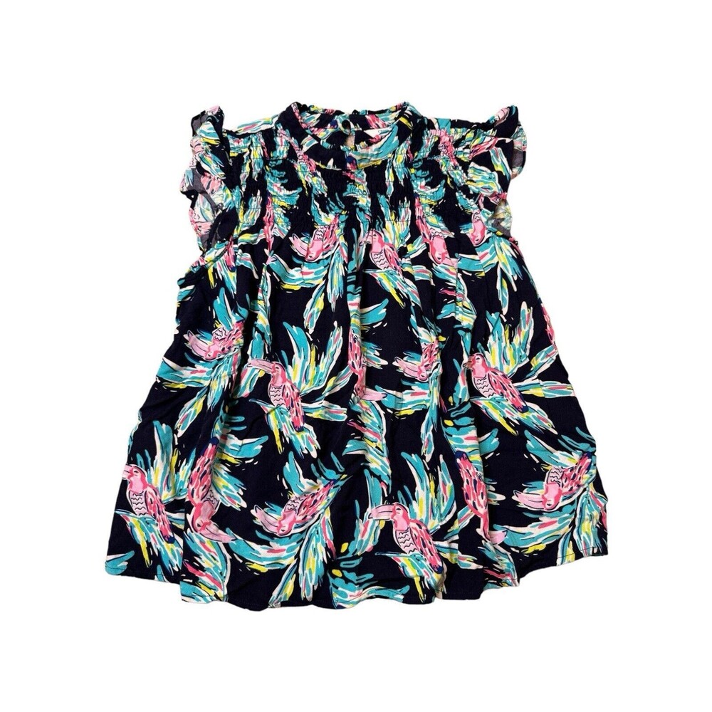CROWN & IVY Smocked Cap Sleeve Rayon Blouse Parrot Tucan Tropical Petite Large
